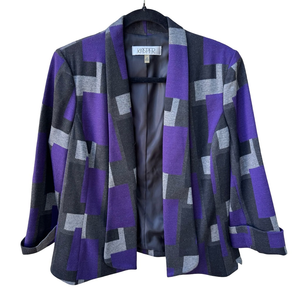 Kasper Mod Geometric Colorblock Careerwear Layering Open Front Blazer 12 NEW